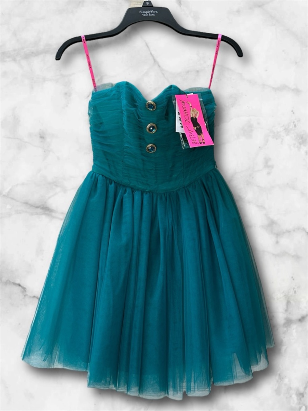 NWT Betsy Johnson Y2K Pow Poof Teal Strapless Tulle Party Mini Dress Size 2